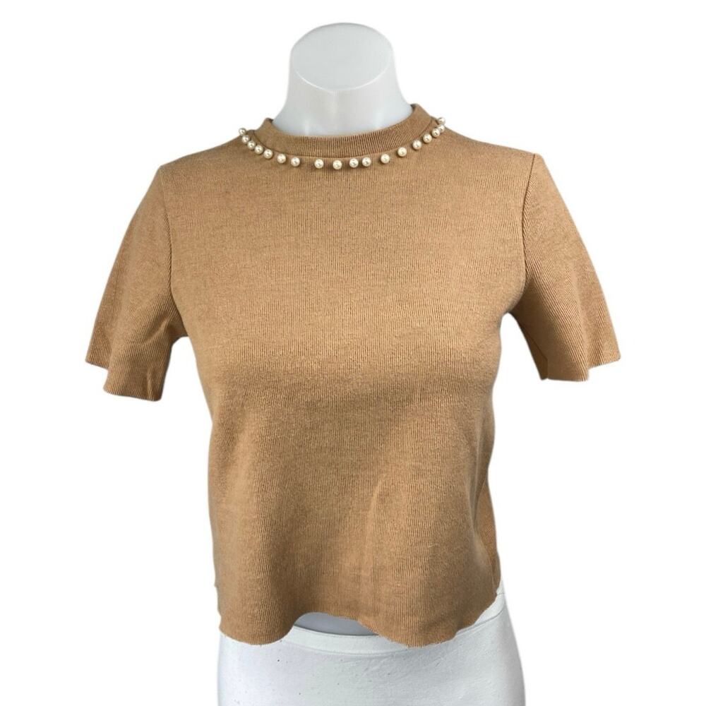 Zara Tan Short Sleeve Pearl Beaded Embellished Knit T Shirt Tee Top Size S